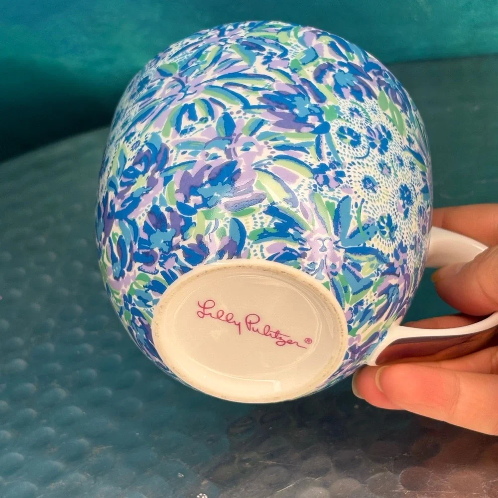 Lilly Pulitzer Turquoise Gold Blue Green Purple Lion Flower Coffee Mug Tea Cup